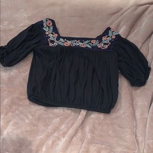 AEO off the shoulder embroidered floral navy top